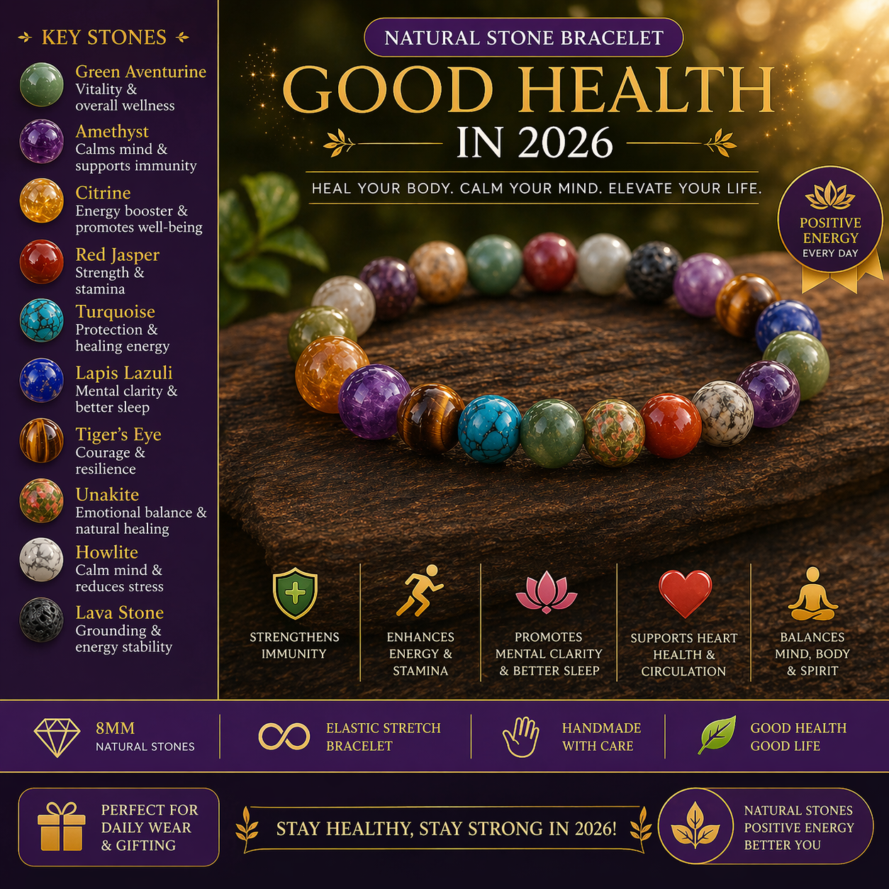 Natural Stone Healing Bracelet for Good Health 2026 | 8MM Crystal Beads | Energy, Immunity, Stress Relief & Wellness Bracelet