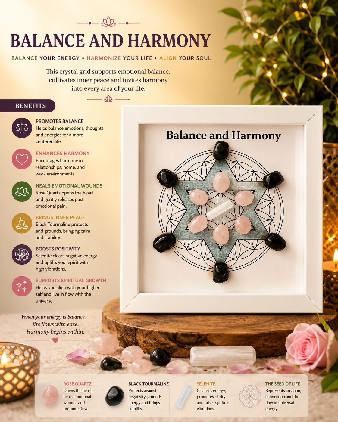 Balance & Harmony Crystal Grid Frame – Emotional Healing, Peace & Positive Energy | Sacred Crystal Wall Art