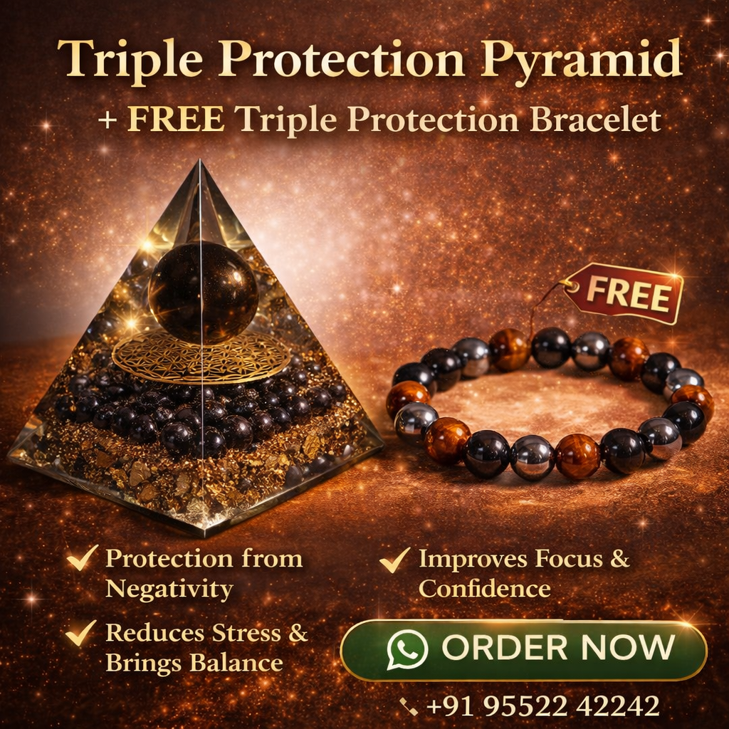Triple Protection Pyramid Crystal + FREE Bracelet | Blocks Negative Energy, Boosts Focus & Confidence | Tiger Eye, Hematite, Obsidian