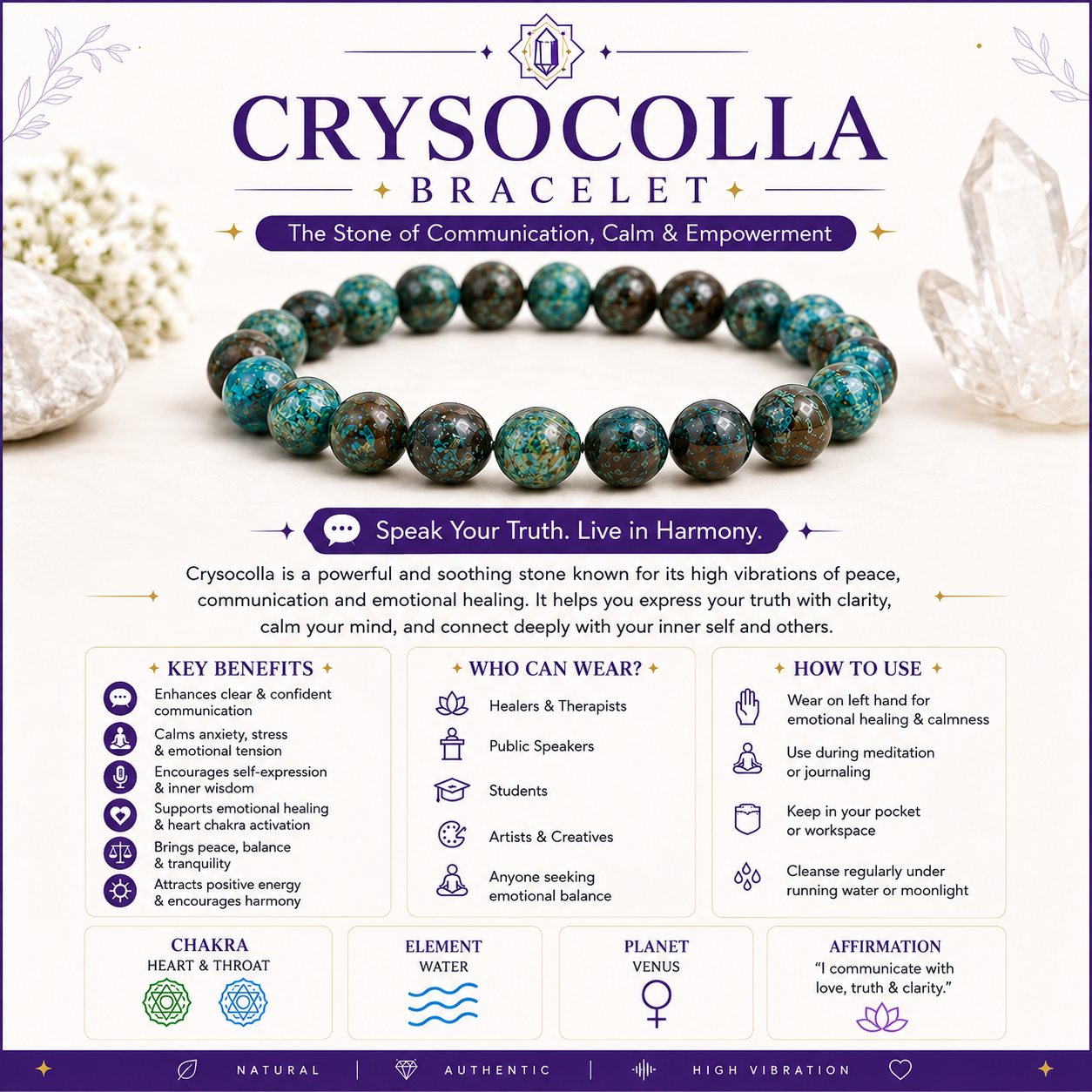 Natural Crysocolla Bracelet for Communication & Emotional Healing