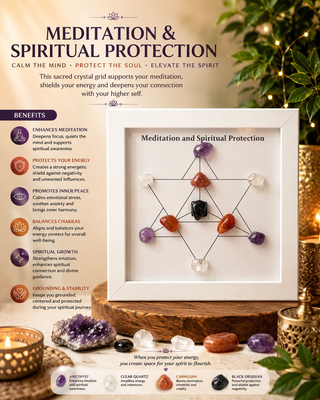 Meditation & Spiritual Protection Crystal Grid Frame – Inner Peace, Energy Protection & Spiritual Growth | Sacred Crystal Wall Art