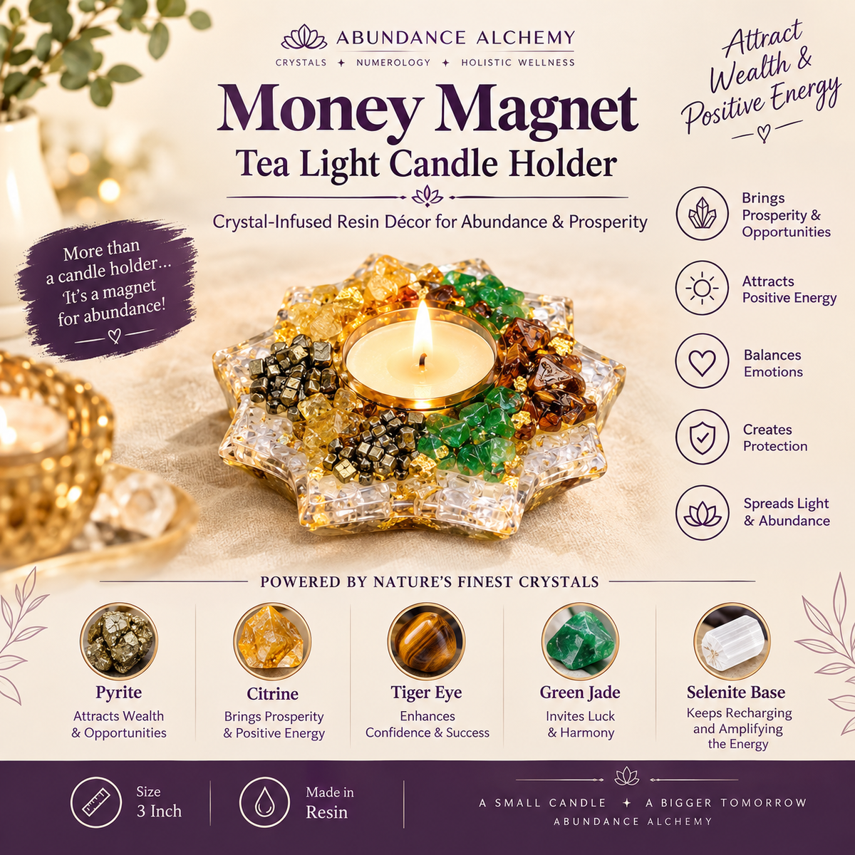 Money Magnet Tea Light Candle Holder with Selenite Base