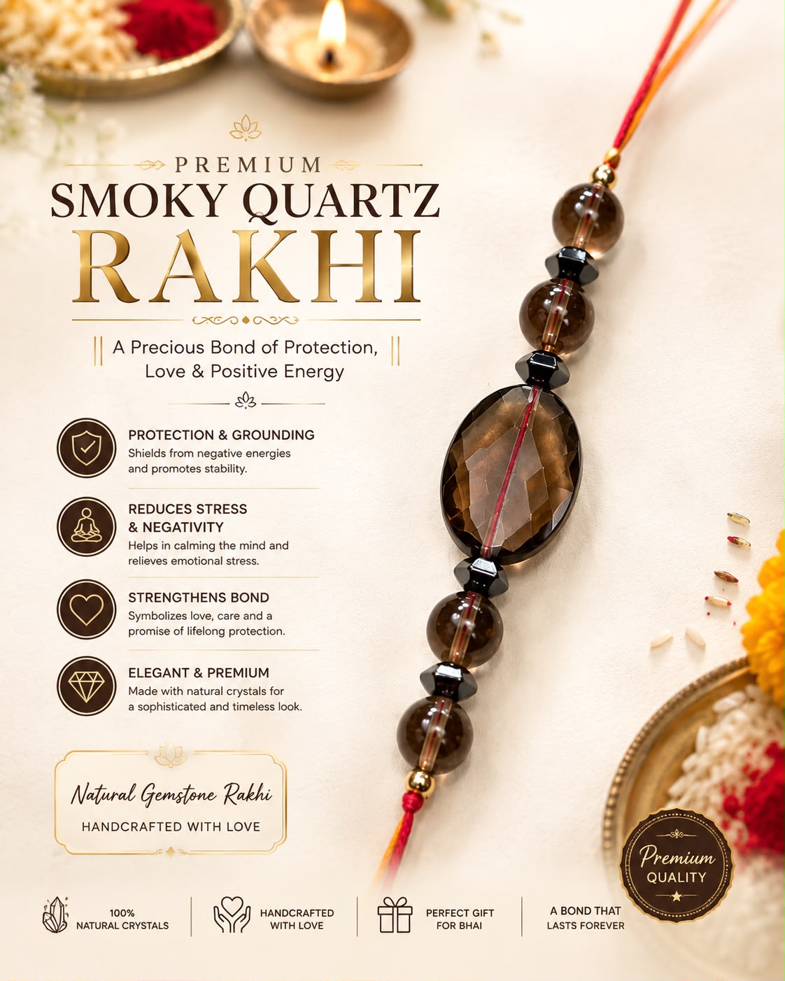 Premium Smoky Quartz Rakhi Protection • Grounding • Love • Positive Energy