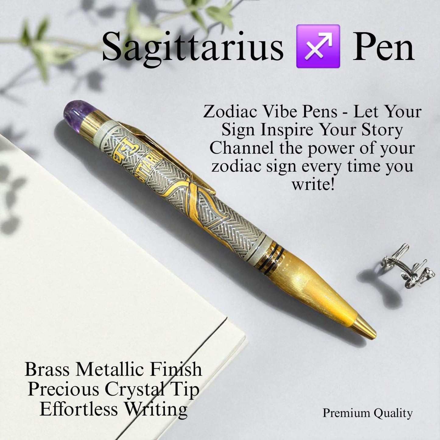 Zodiac Vibe Pen โ Brass Metallic Finish with Precious Crystal Tip | Reiki Energised Writing Pen