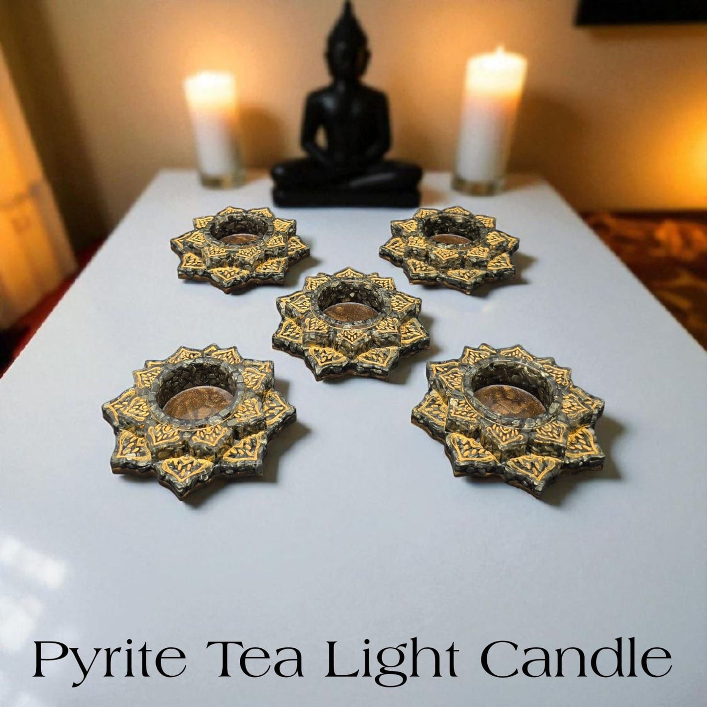 Pyrite Tea Light Candle Holder 4 Inch – Wealth & Prosperity Crystal Decor | Abundance Energy Candle Holder for Home & Office