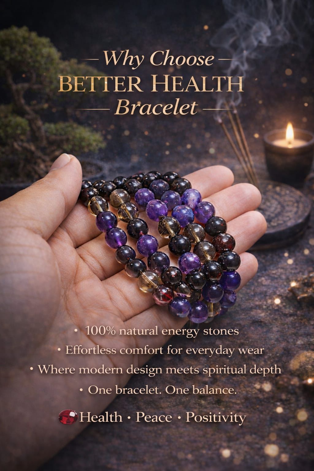 Better Health Bracelet with Garnet, Smoky Quartz & Amethyst | Natural Healing Crystal Bracelet for Energy, Balance & Positivity