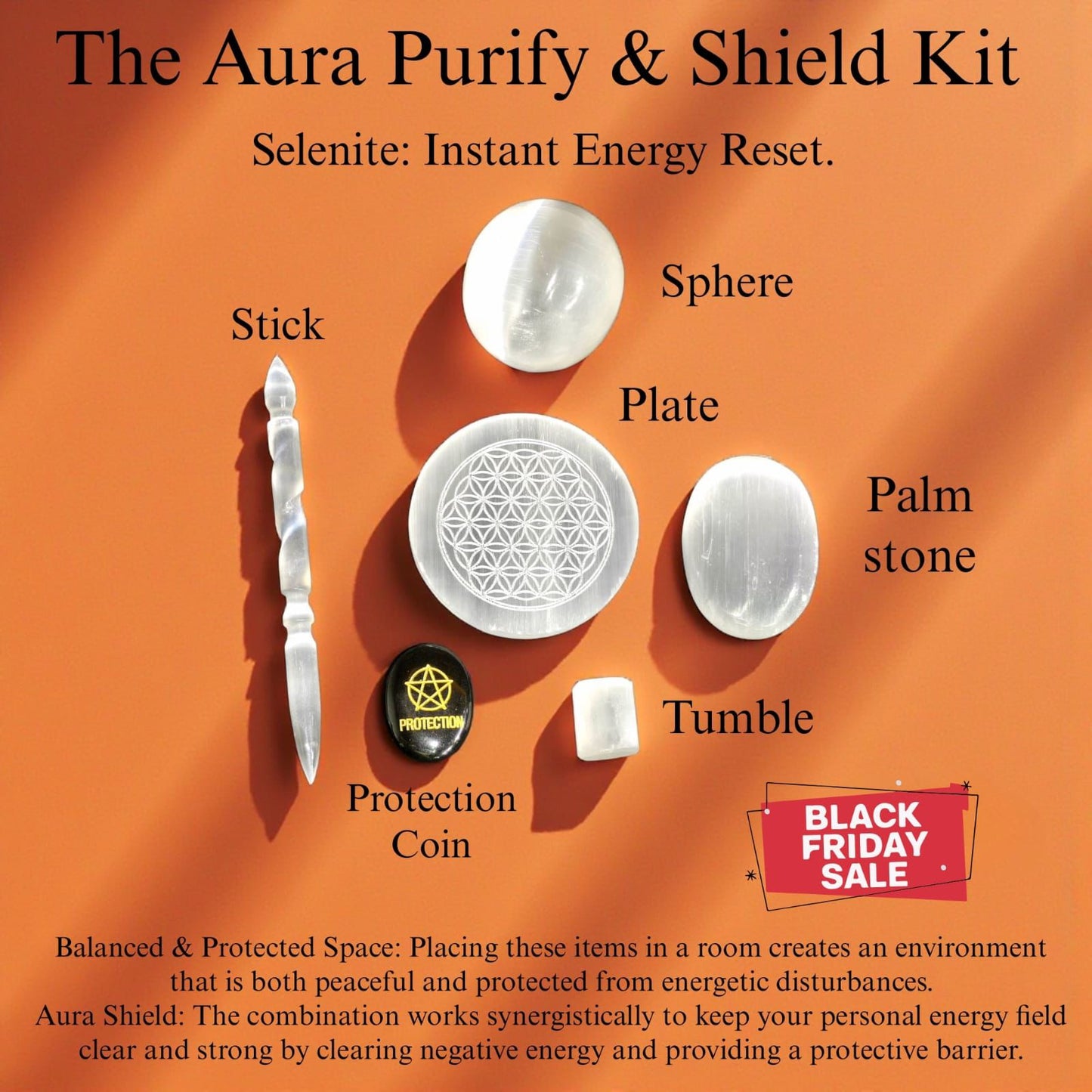 Aura Purify & Shield Kit with Selenite Crystals – Energy Cleansing, Aura Protection & Spiritual Healing Set – Complete Energy Cleansing & Protection Set