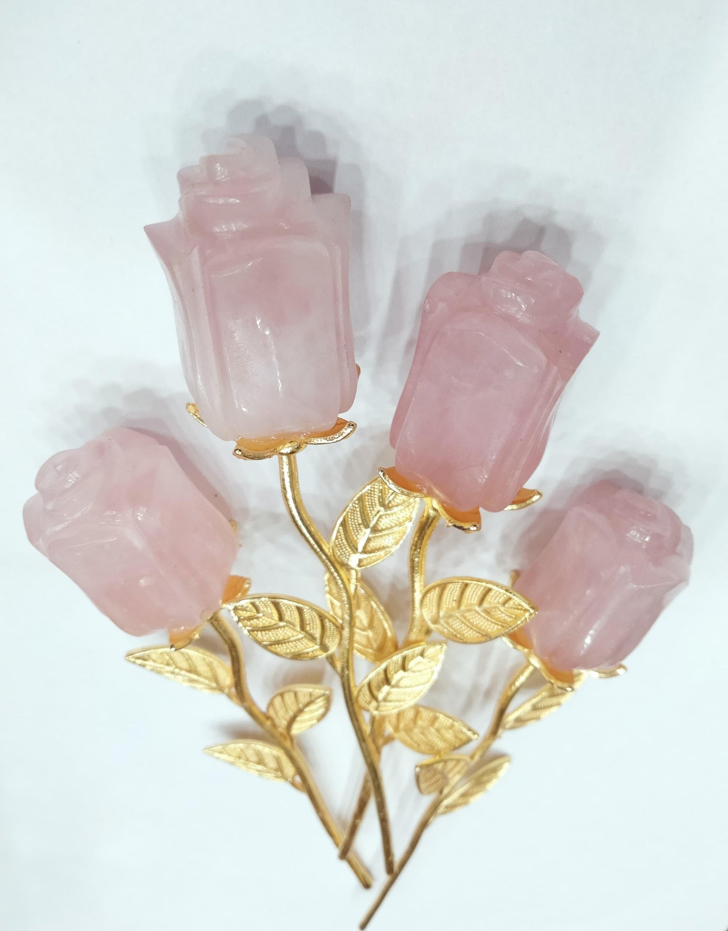 Natural Rose Quartz Crystal Rose Flower with Golden Stem | Love & Healing Crystal Gift | Feng Shui Relationship Stone Decor