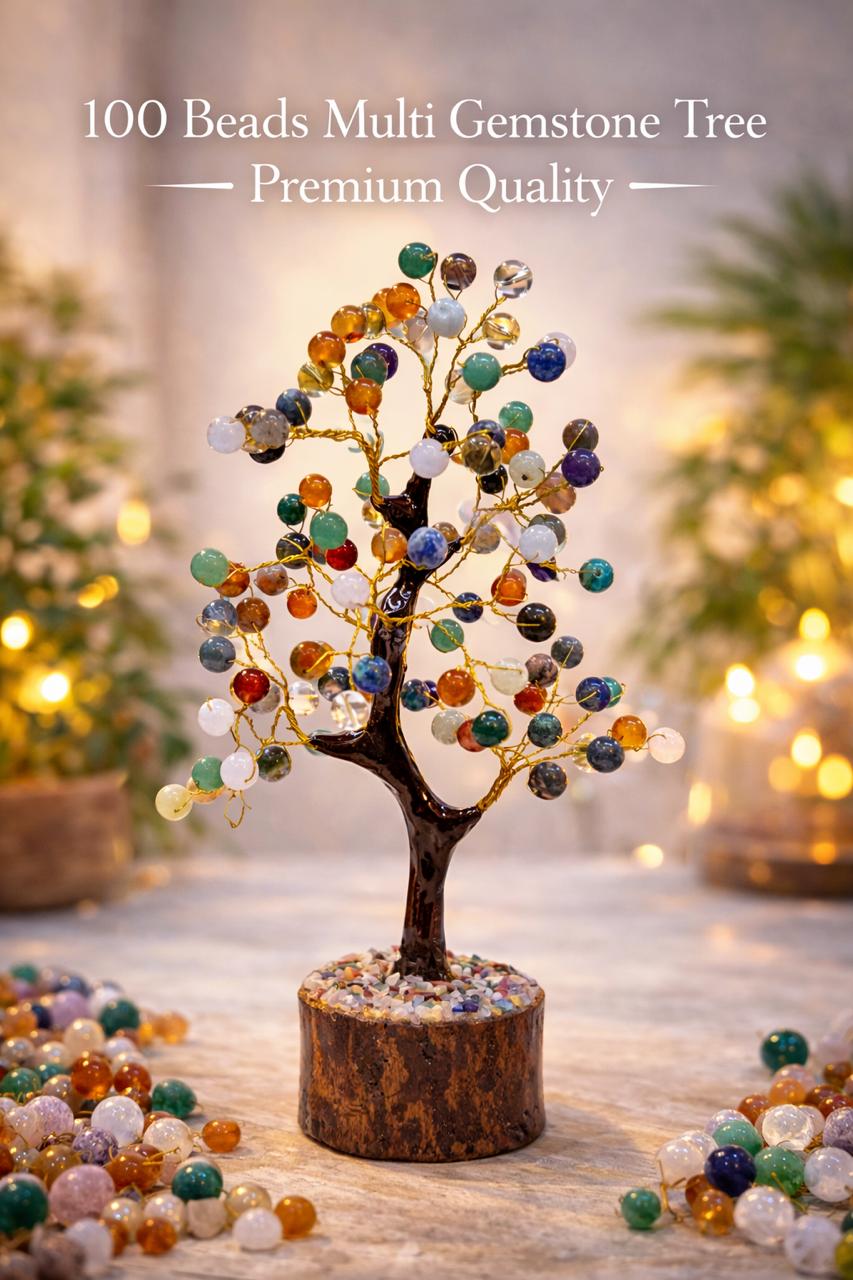 100 Beads Multi-Gemstone Prosperity Tree | Premium Vastu Crystal Tree for Wealth, Success & Positive Energy | Handcrafted Wooden Base Decor