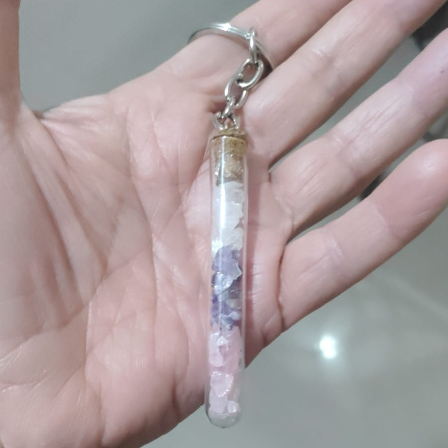 Triple Crystal Healing Bottle Keychain (Rose Quartz, Amethyst, Clear Quartz) – Love, Calmness & Positive Energy Charm | Spiritual Protection Key Ring