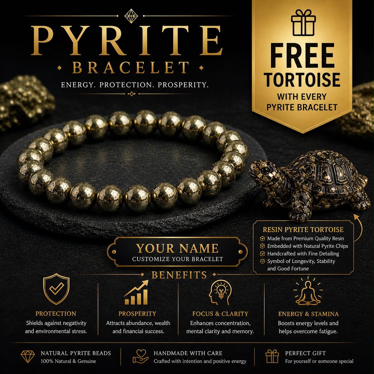Personalized Pyrite Bracelet with FREE Resin Pyrite Tortoise Energy • Protection • Prosperity