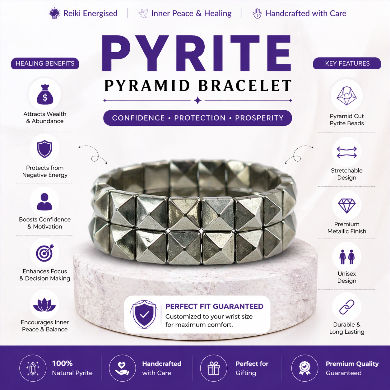 Pyrite Pyramid Bracelet – Reiki Energised Confidence & Protection Bracelet | Adjustable Fit