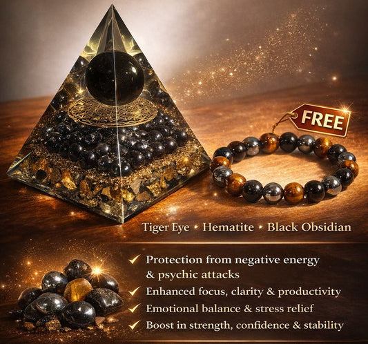 Triple Protection Pyramid Crystal + FREE Bracelet | Blocks Negative Energy, Boosts Focus & Confidence | Tiger Eye, Hematite, Obsidian