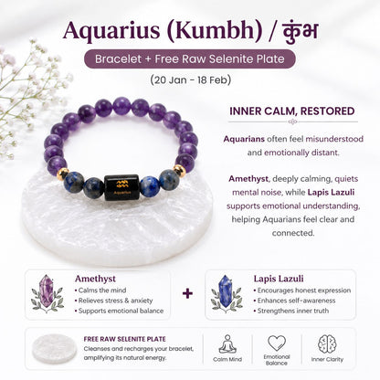 Zodiac Sign Crystal Bracelet with Healing Stones & Free Raw Selenite Plate | Horoscope Bracelet Collection