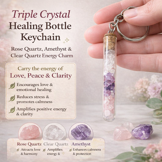 Triple Crystal Healing Bottle Keychain (Rose Quartz, Amethyst, Clear Quartz) – Love, Calmness & Positive Energy Charm | Spiritual Protection Key Ring