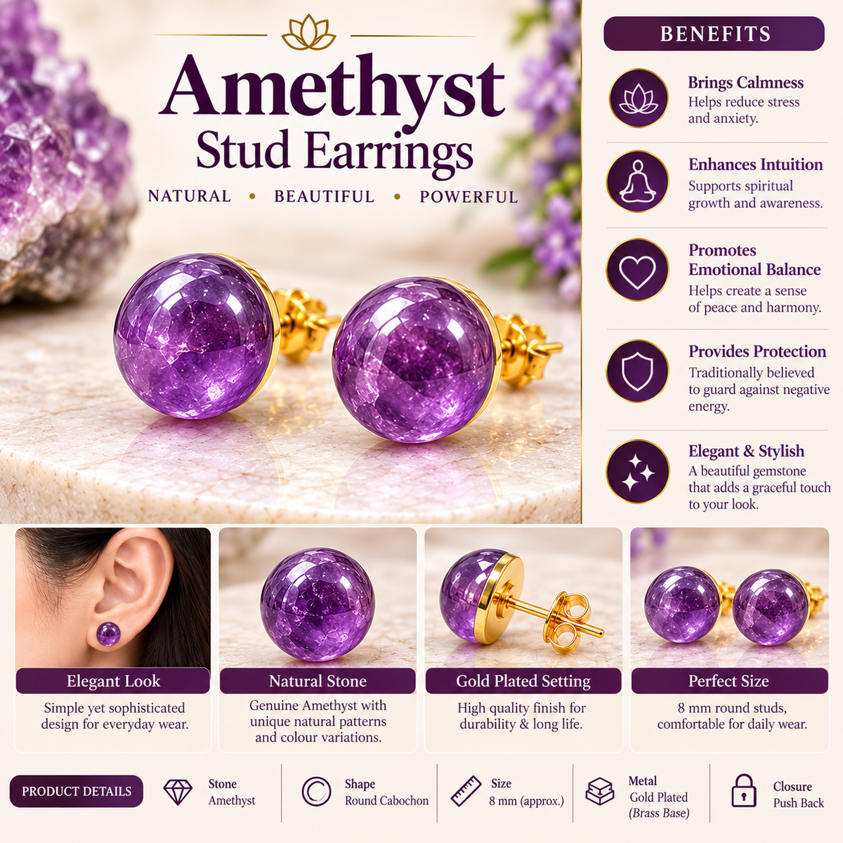Crystal Stud Earrings for Women | Natural Gemstone Earrings