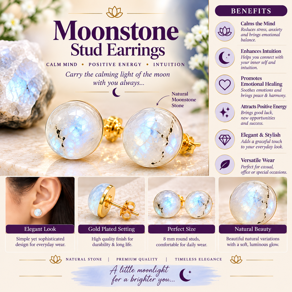 Crystal Stud Earrings for Women | Natural Gemstone Earrings