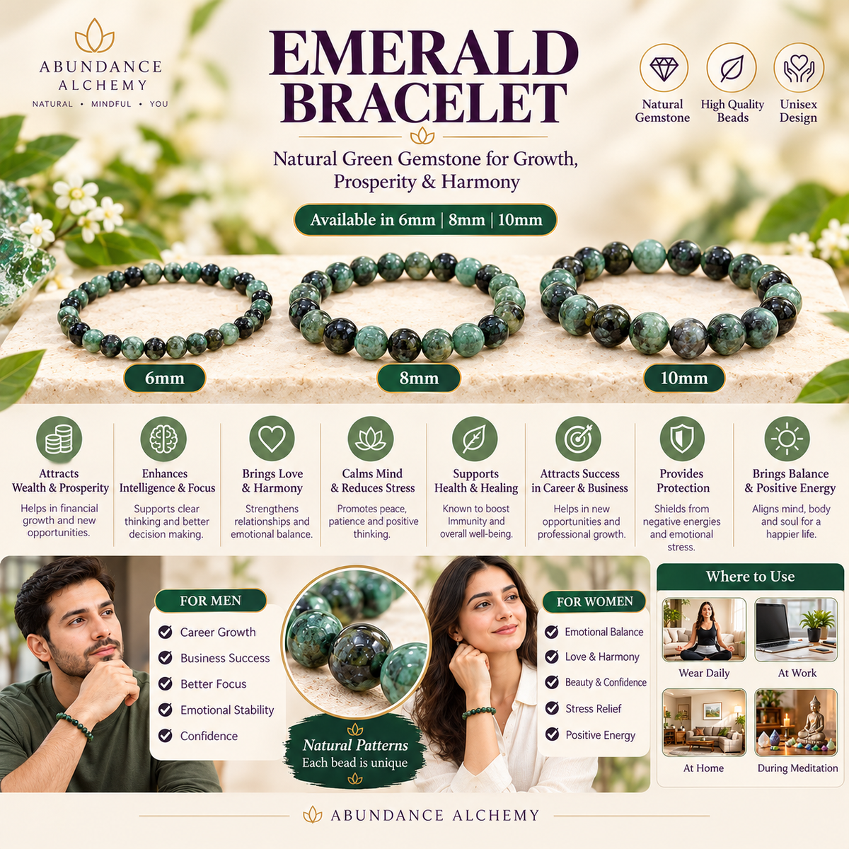Emerald Bracelet – Natural Green Gemstone for Growth, Prosperity & Harmony