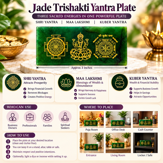 Jade Trishakti Yantra Plate – Shri Yantra, Maa Lakshmi & Kuber Yantra for Prosperity, Abundance & Positive Energy