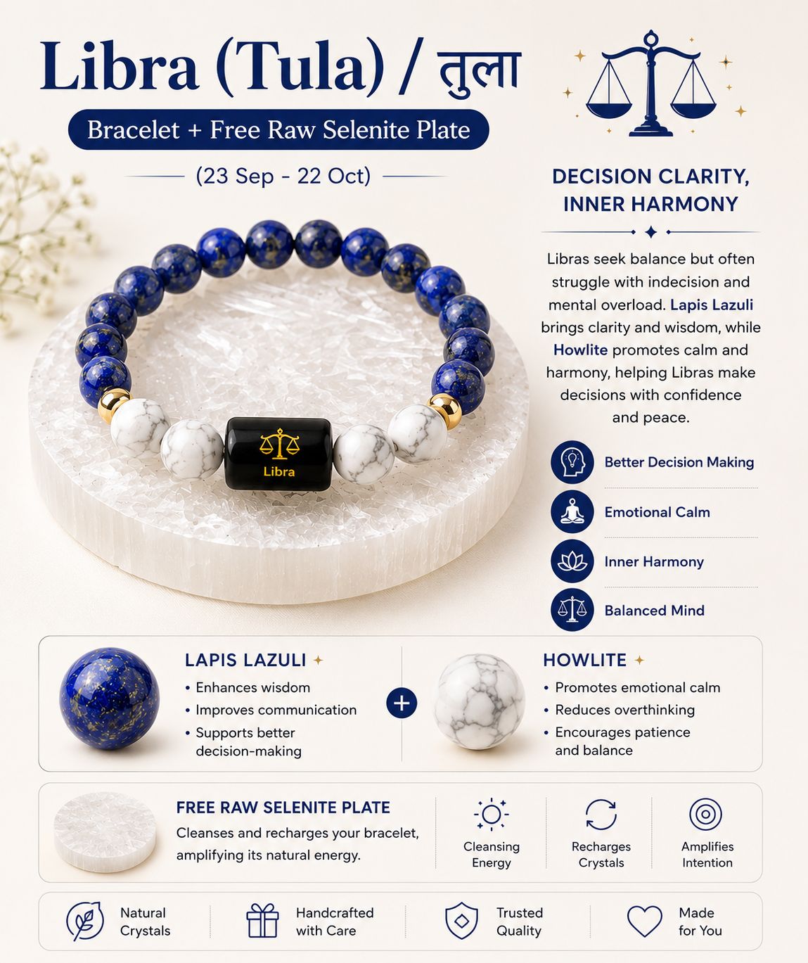 Zodiac Sign Crystal Bracelet with Healing Stones & Free Raw Selenite Plate | Horoscope Bracelet Collection