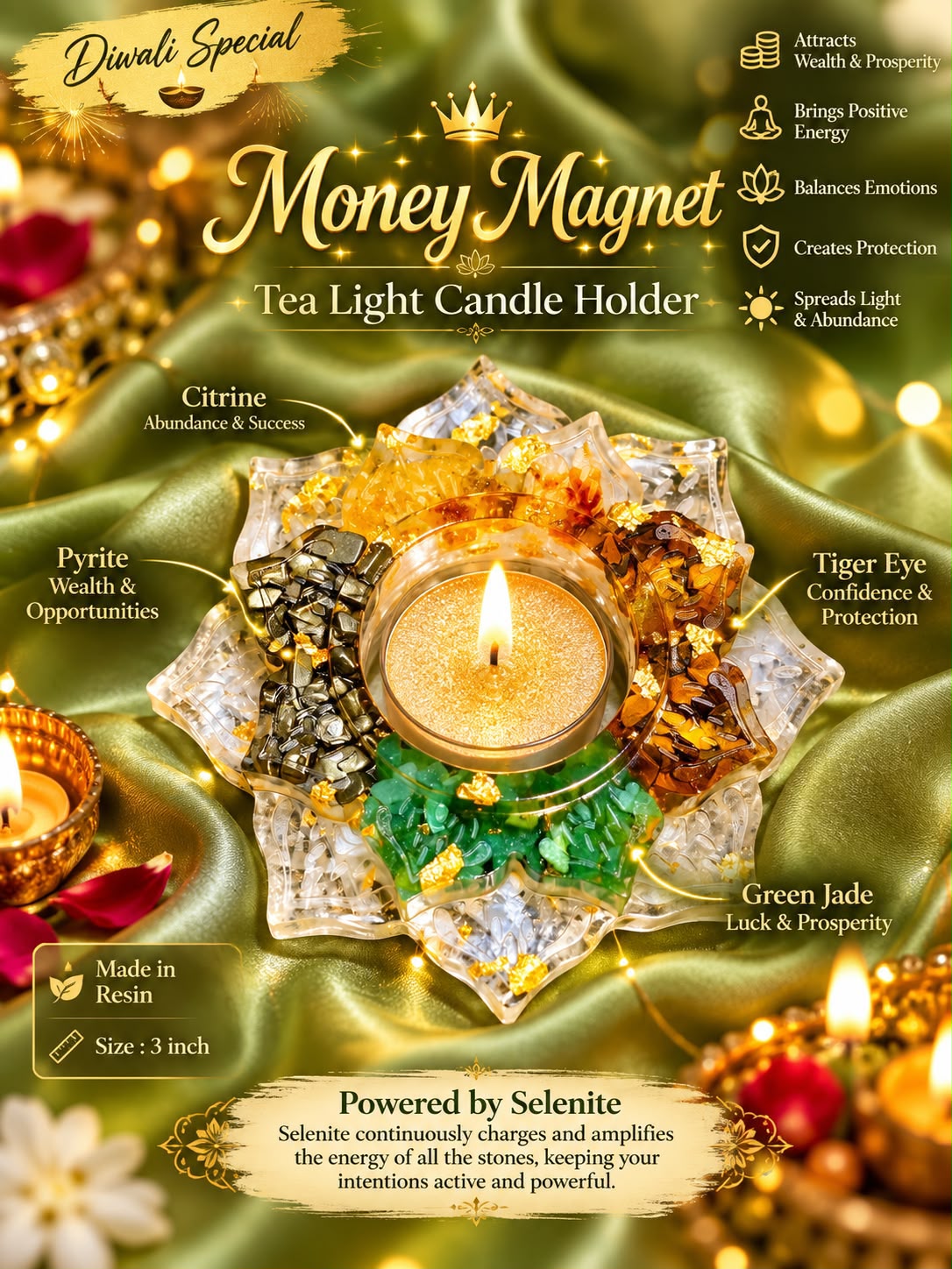 Money Magnet Tea Light Candle Holder with Selenite Base