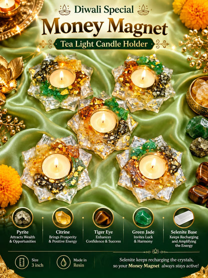 Money Magnet Tea Light Candle Holder with Selenite Base
