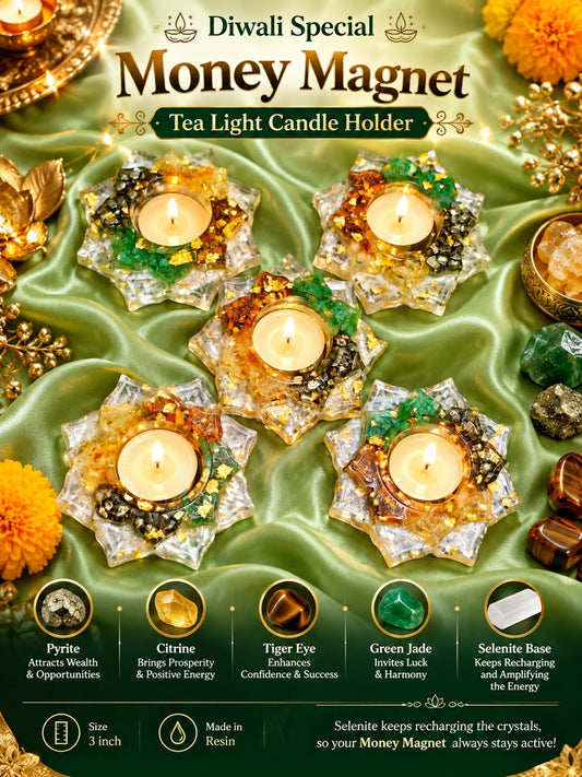 Money Magnet Tea Light Candle Holder with Selenite Base