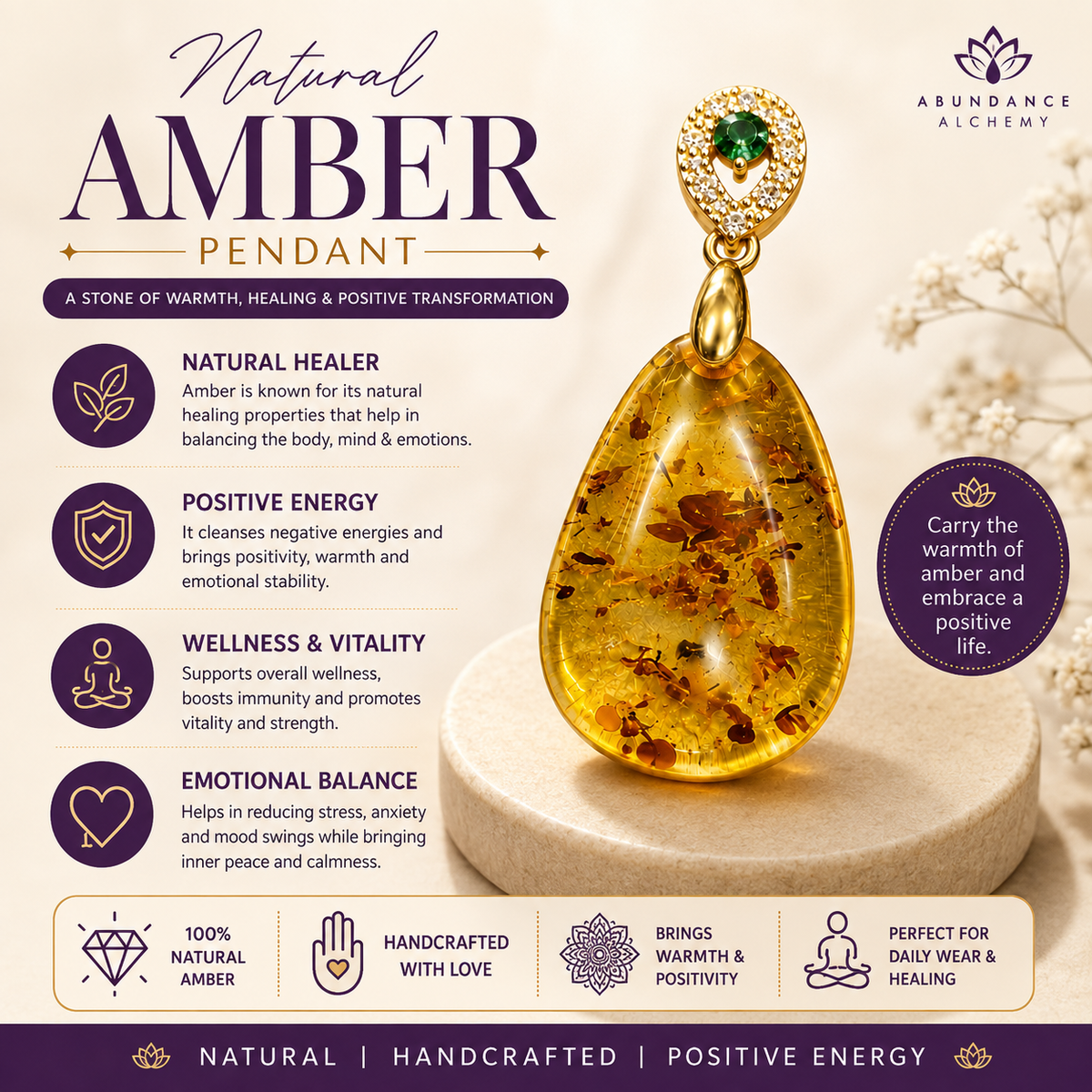 Natural Amber Pendant – Healing, Positive Energy & Emotional Balance