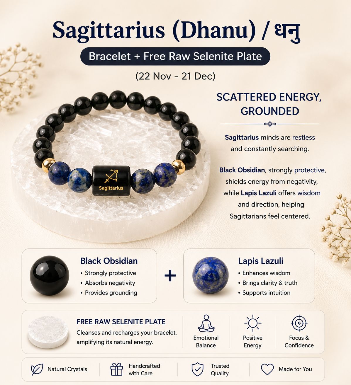 Zodiac Sign Crystal Bracelet with Healing Stones & Free Raw Selenite Plate | Horoscope Bracelet Collection