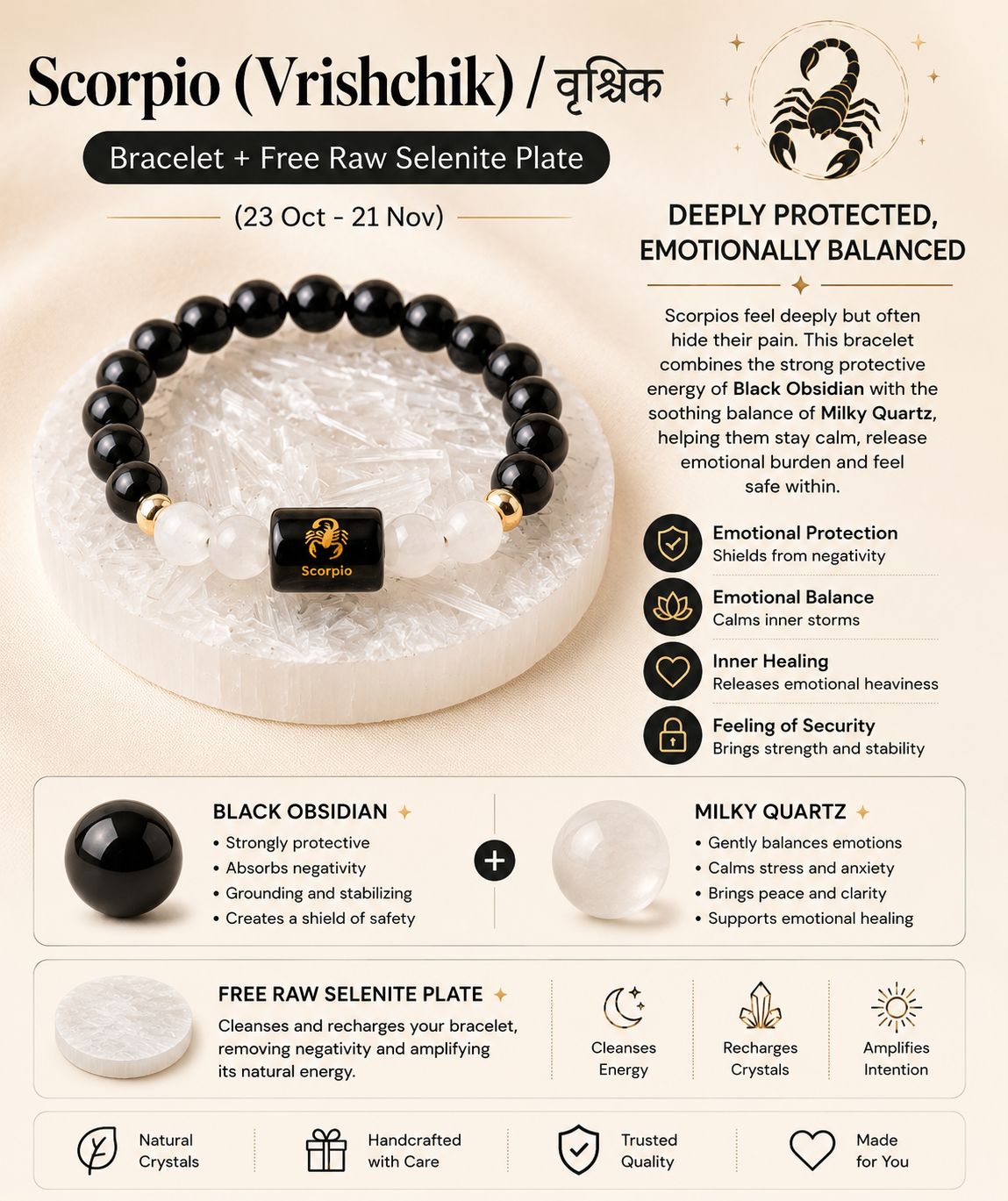 Zodiac Sign Crystal Bracelet with Healing Stones & Free Raw Selenite Plate | Horoscope Bracelet Collection