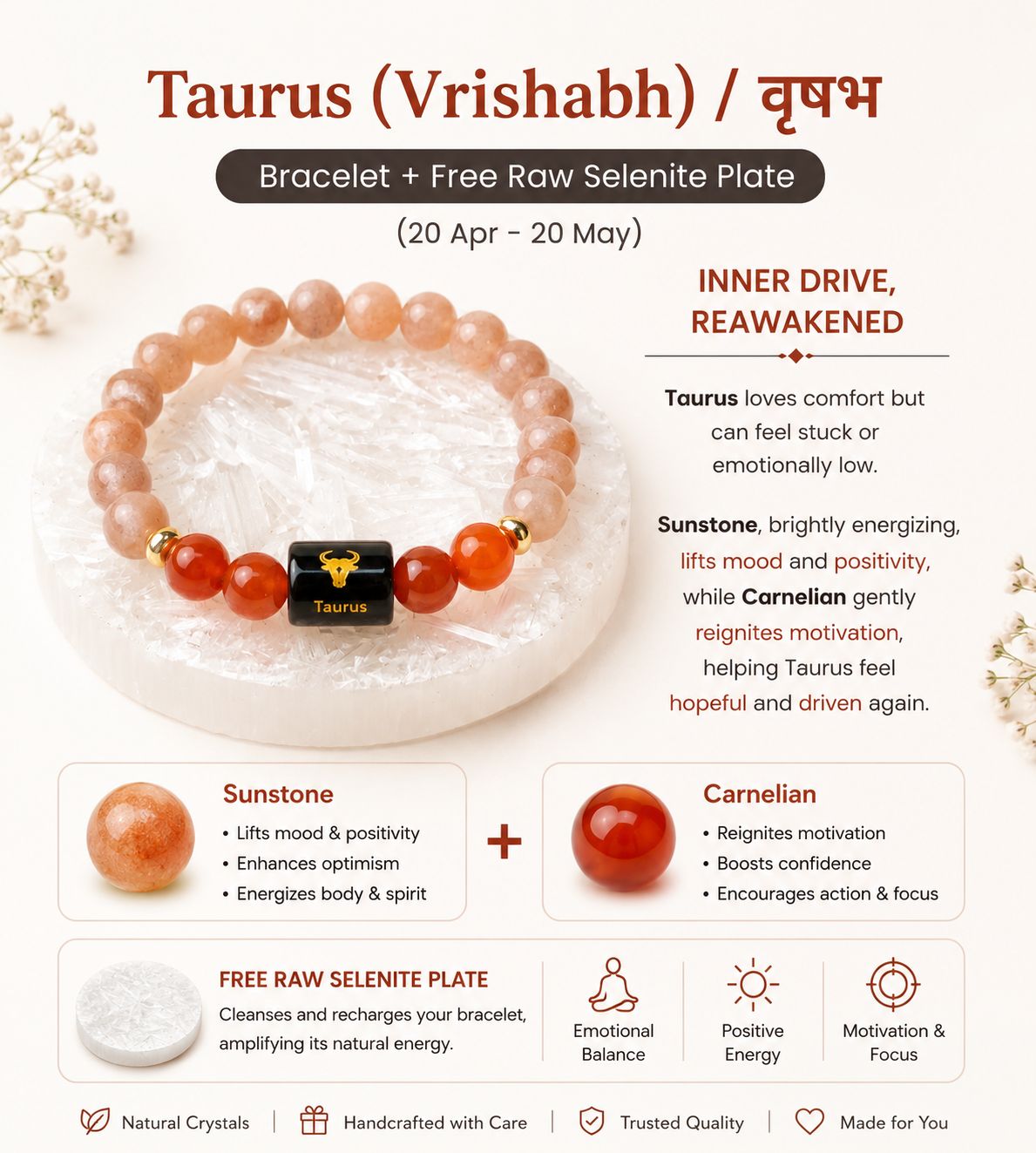 Zodiac Sign Crystal Bracelet with Healing Stones & Free Raw Selenite Plate | Horoscope Bracelet Collection