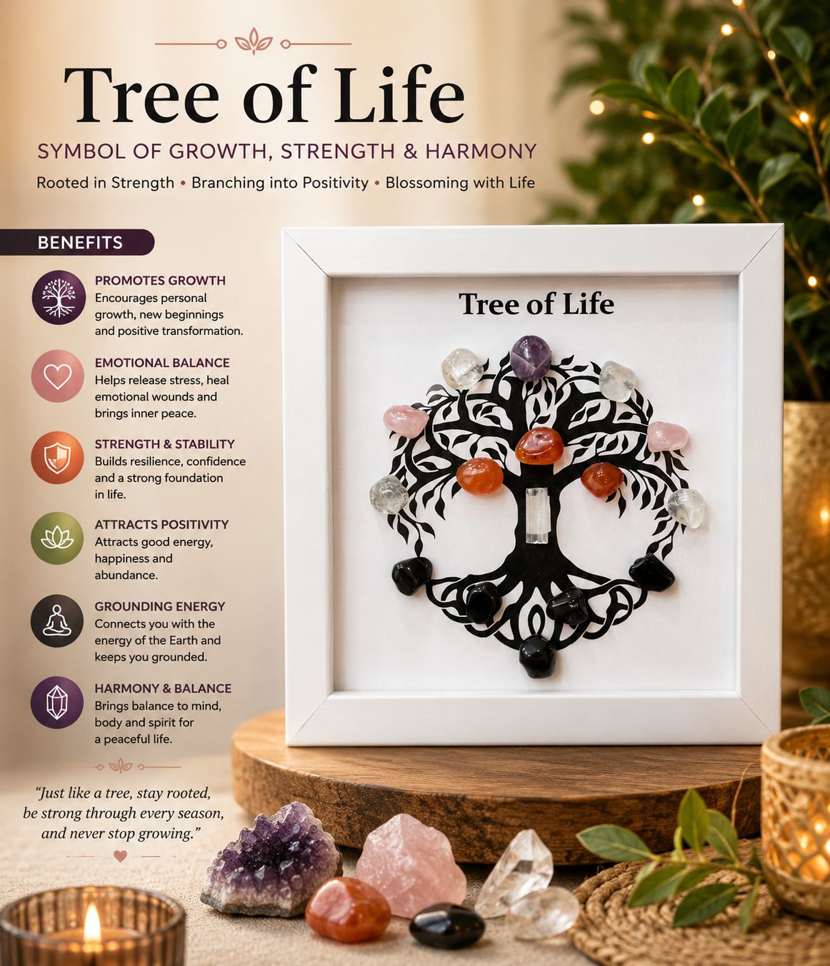Tree of Life Crystal Grid Frame – Growth, Strength & Harmony | Spiritual Crystal Wall Art for Positive Energy