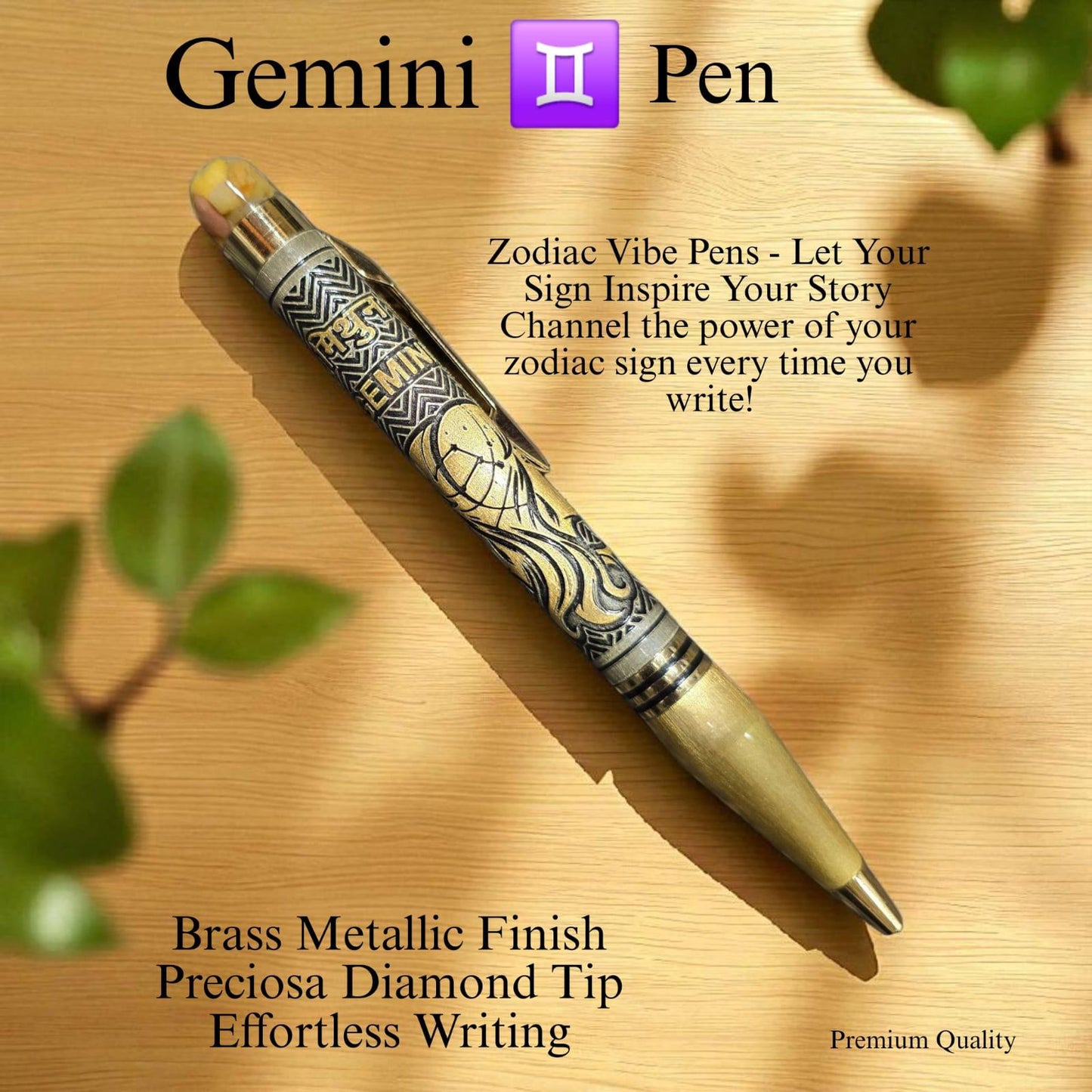 Zodiac Vibe Pen – Brass Metallic Finish with Precious Crystal Tip | Reiki Energised Writing Pen