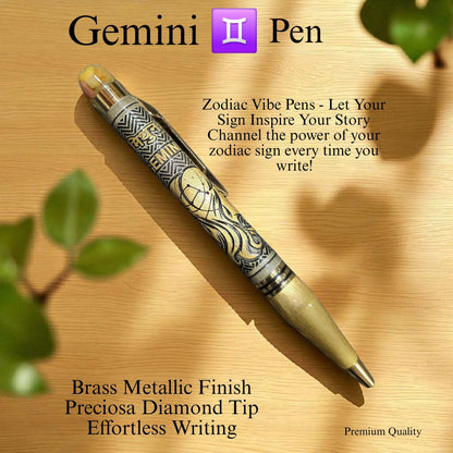 Zodiac Vibe Pen – Brass Metallic Finish with Precious Crystal Tip | Reiki Energised Writing Pen