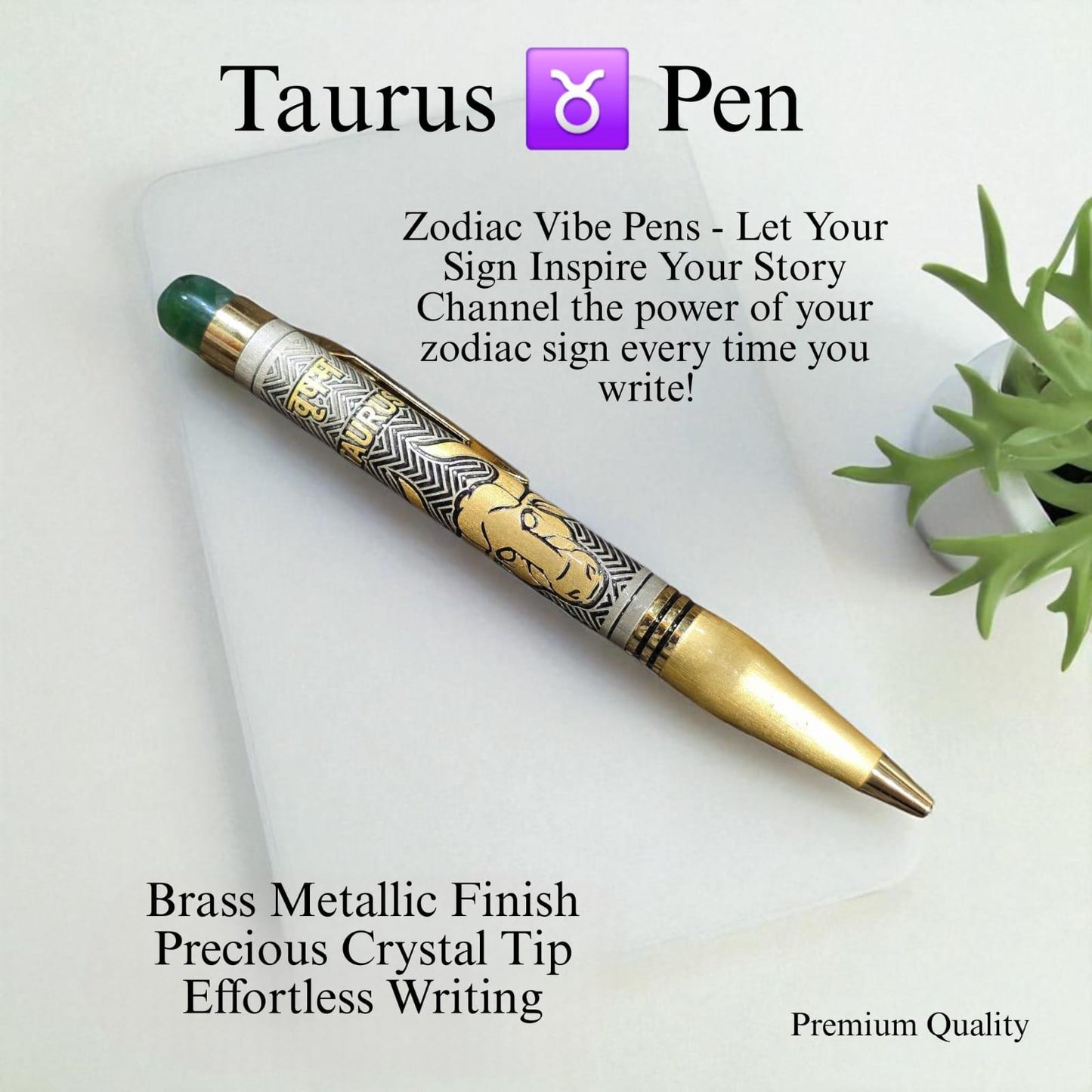 Zodiac Vibe Pen – Brass Metallic Finish with Precious Crystal Tip | Reiki Energised Writing Pen