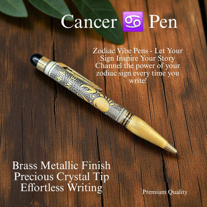 Zodiac Vibe Pen – Brass Metallic Finish with Precious Crystal Tip | Reiki Energised Writing Pen