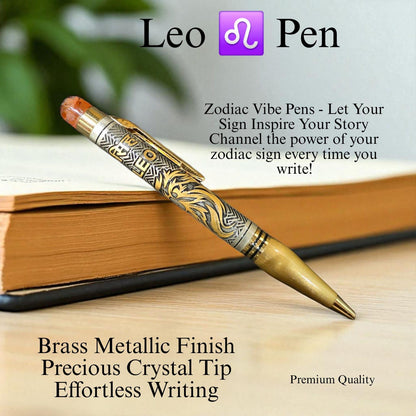 Zodiac Vibe Pen – Brass Metallic Finish with Precious Crystal Tip | Reiki Energised Writing Pen