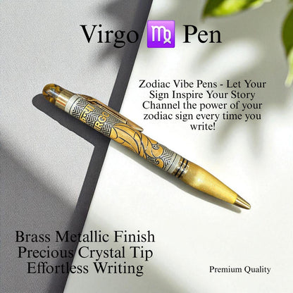 Zodiac Vibe Pen – Brass Metallic Finish with Precious Crystal Tip | Reiki Energised Writing Pen