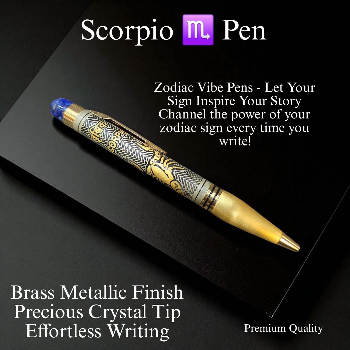 Zodiac Vibe Pen – Brass Metallic Finish with Precious Crystal Tip | Reiki Energised Writing Pen