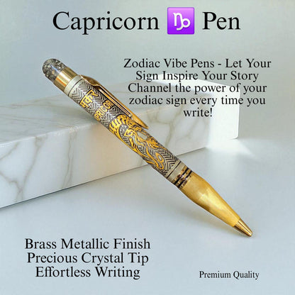 Zodiac Vibe Pen – Brass Metallic Finish with Precious Crystal Tip | Reiki Energised Writing Pen