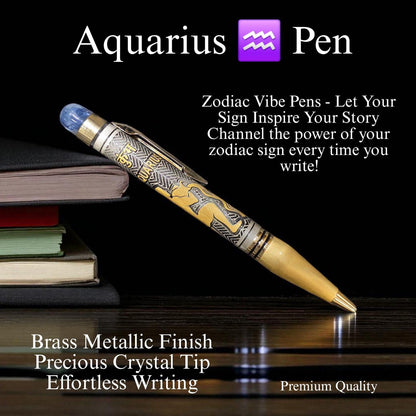 Zodiac Vibe Pen – Brass Metallic Finish with Precious Crystal Tip | Reiki Energised Writing Pen
