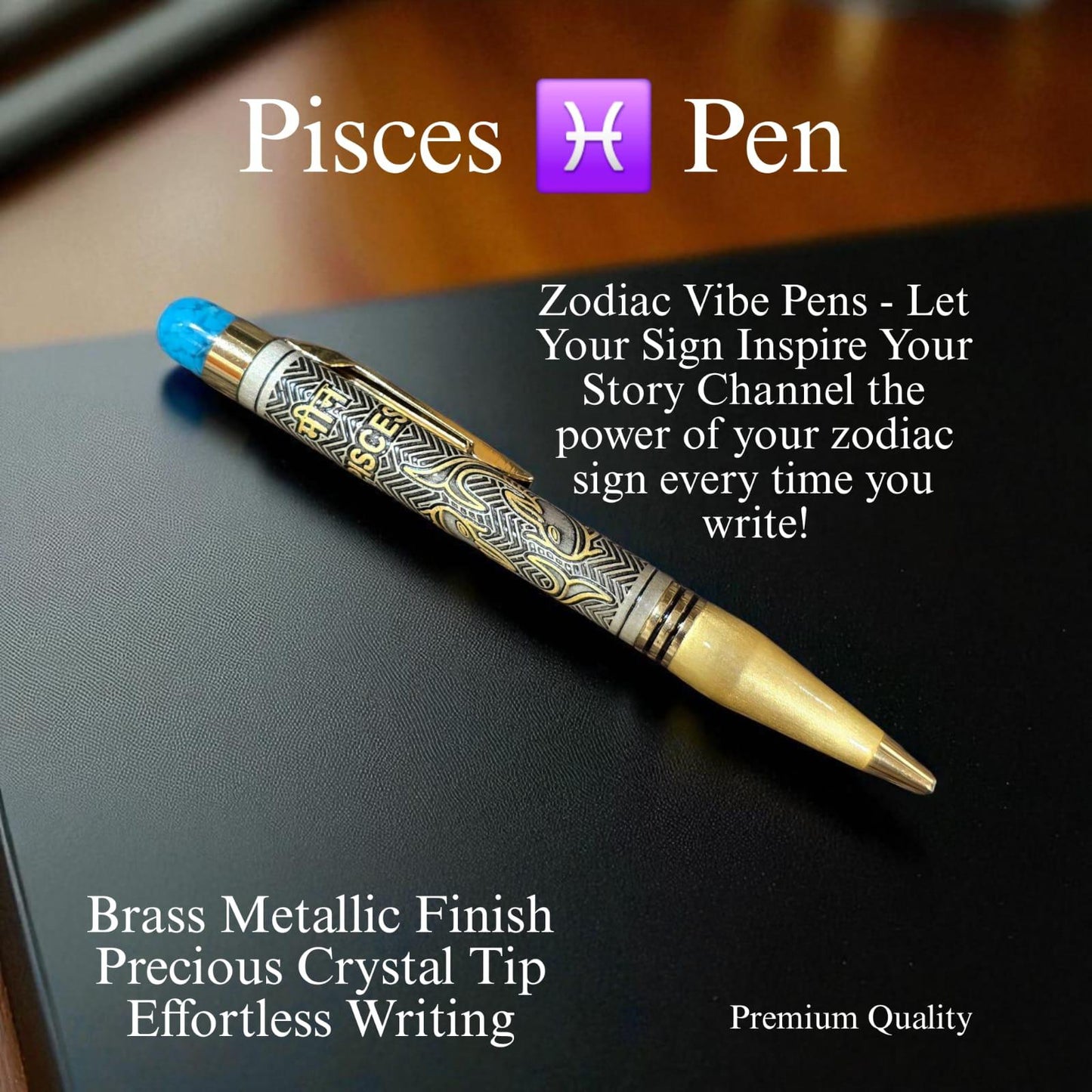 Zodiac Vibe Pen – Brass Metallic Finish with Precious Crystal Tip | Reiki Energised Writing Pen