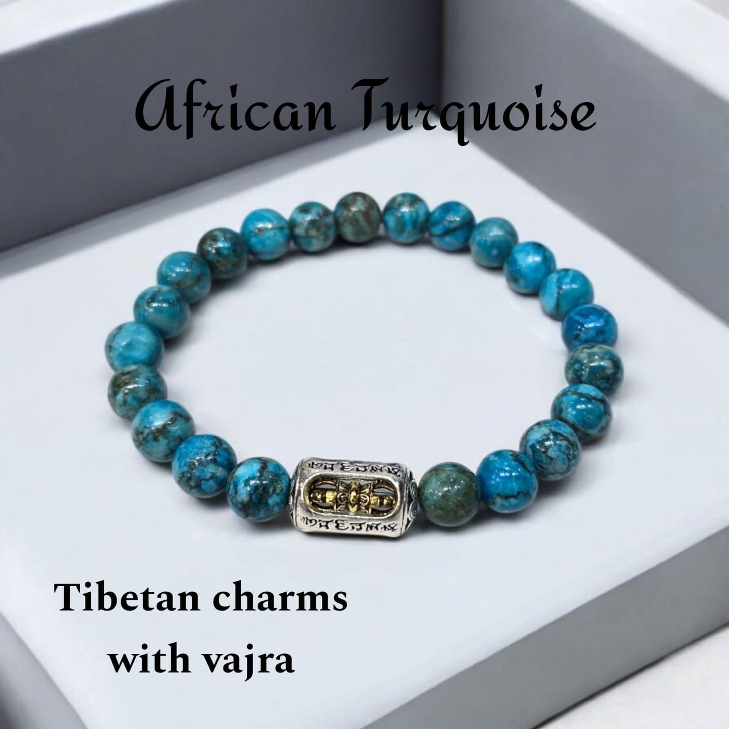 African Turquoise Bracelet with Tibetan Vajra Charm for Healing & Transformation