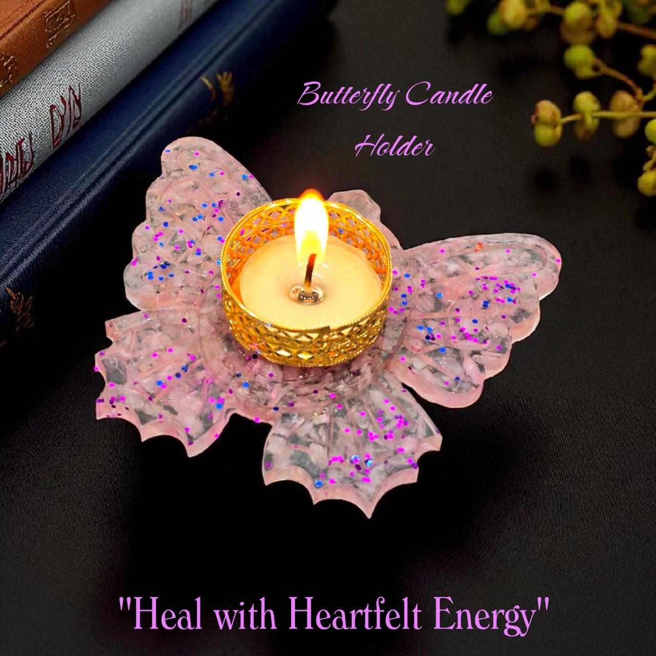 Rose Quartz Candle Holder – Butterfly Design | Love, Healing & Positive Energy Décor | Crystal Tealight Holder for Home & Meditation