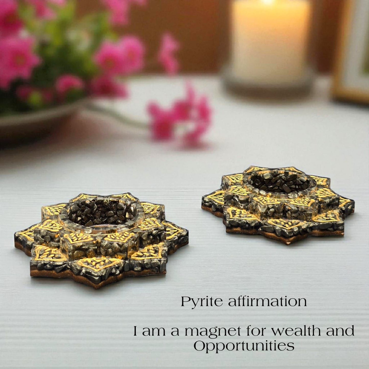 Pyrite Tea Light Candle Holder 4 Inch – Wealth & Prosperity Crystal Decor | Abundance Energy Candle Holder for Home & Office