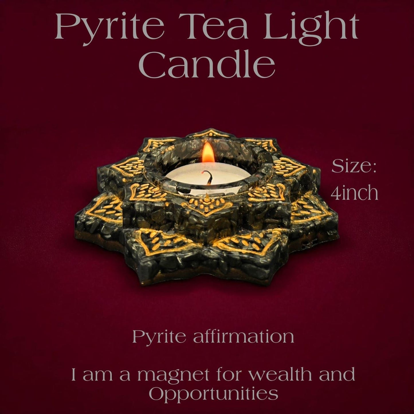 Pyrite Tea Light Candle Holder 4 Inch – Wealth & Prosperity Crystal Decor | Abundance Energy Candle Holder for Home & Office