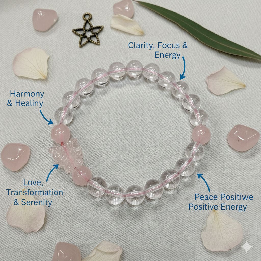 Healing Crystal Bracelet Combo – Rose Quartz, Clear Quartz & Amethyst | Love, Clarity & Protection Energy Bracelet