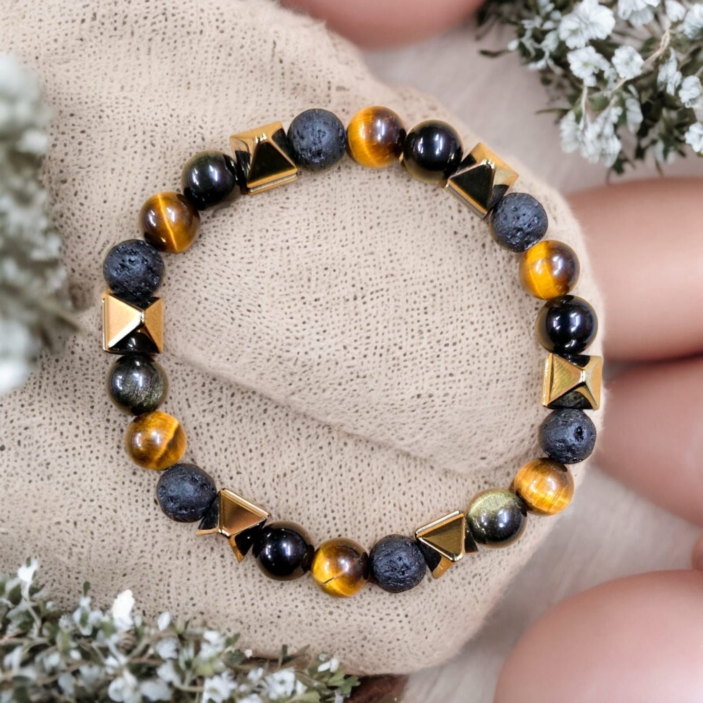 Triple Protection Bracelet for Men & Women | Tiger Eye, Black Obsidian & Hematite Crystal Bracelet | Protection from Negative Energy, Confidence, Grounding & Good Luck Bracelet