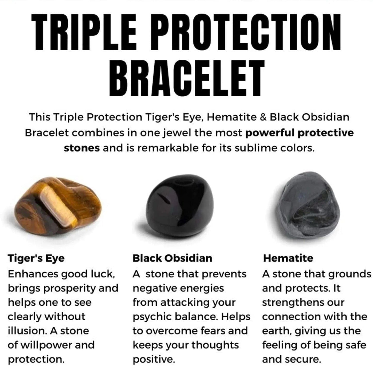 Triple Protection Bracelet for Men & Women | Tiger Eye, Black Obsidian & Hematite Crystal Bracelet | Protection from Negative Energy, Confidence, Grounding & Good Luck Bracelet