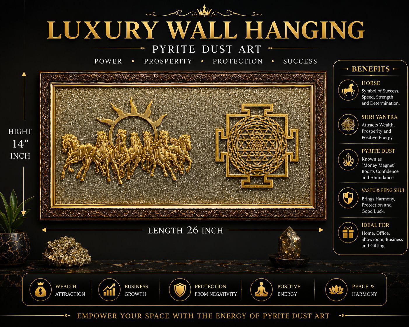 Luxury Pyrite Dust Wall Hanging with 7 Running Horses & Shri Yantra – Wealth, Prosperity, Protection & Success | Premium Vastu Decor